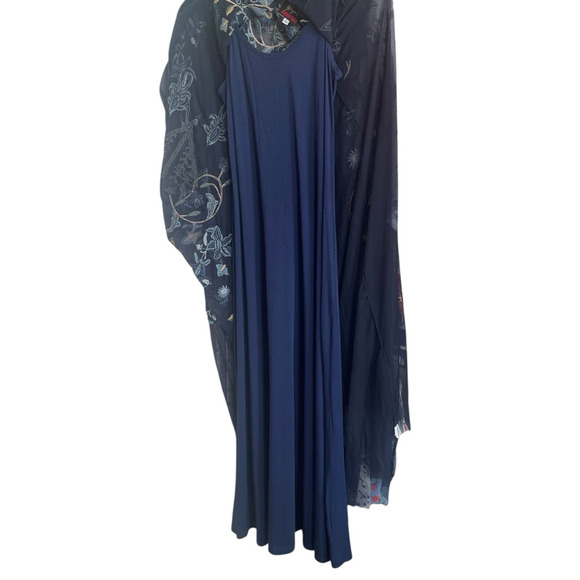 JOHNNY WAS BIYA Mesa Size Small Navy Blue Mesh Floral Embroidery Boho Maxi Dress - Picture 13 of 16